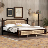 DNChuan King Size Platform Bed with Retro Style Rattan Headboard and Footboard,4-Post Wood Bed Frame with Central Enhanced,No Box Spring Needed, Espresso DNChuan