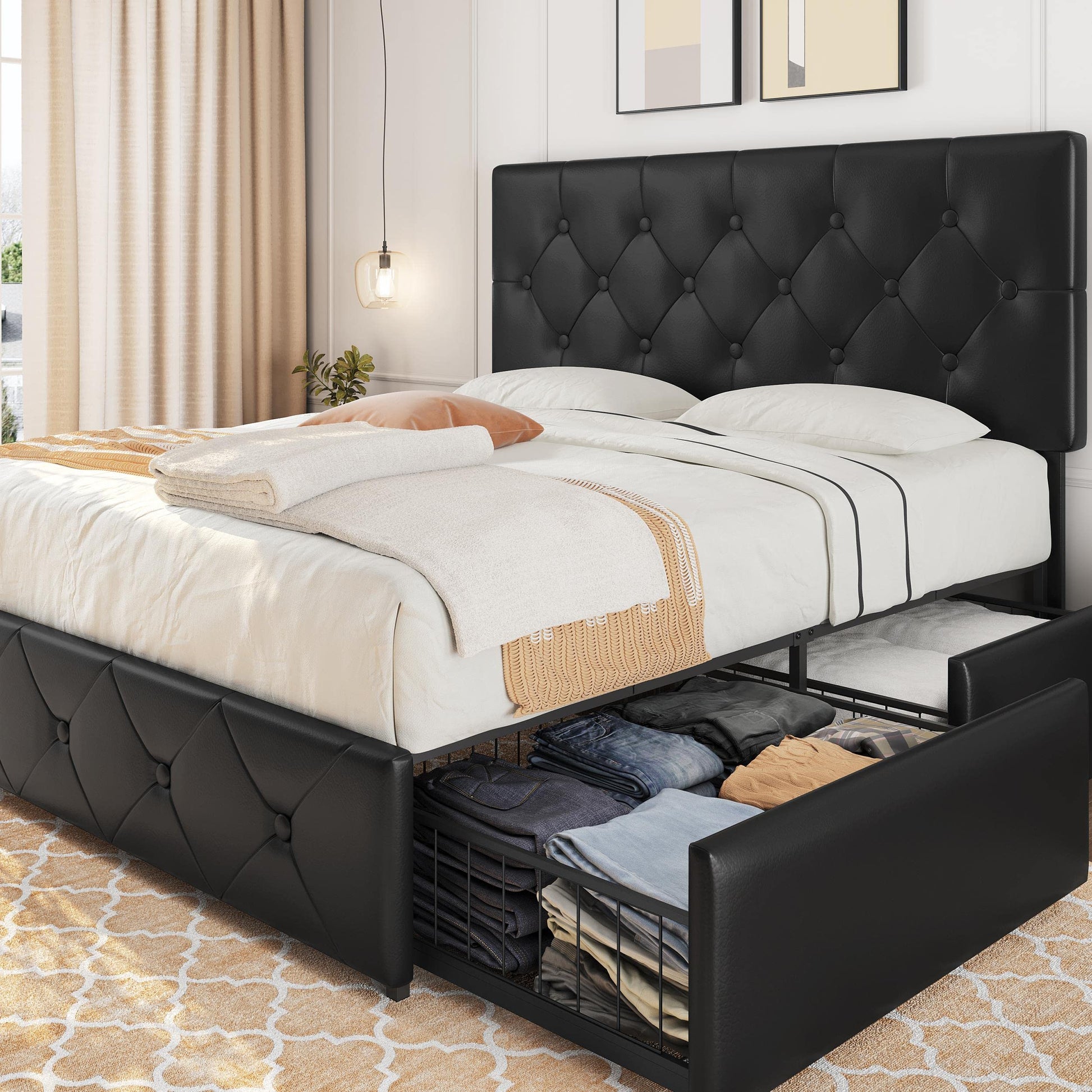 Yaheetech Queen Size Faux Leather Upholstered Bed Frame with 4 Storage Drawers and Adjustable Headboard - WoodArtSupply