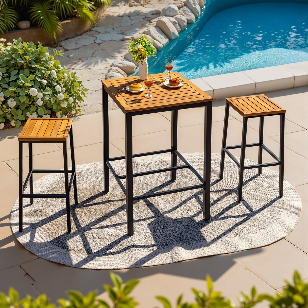 Greesum 3 Piece Patio Acacia Wood Bar Set with high Table and 2 Chairs All-Weather Outdoor Furniture for Backyard, Deck, Garden, Porch,Black Greesum