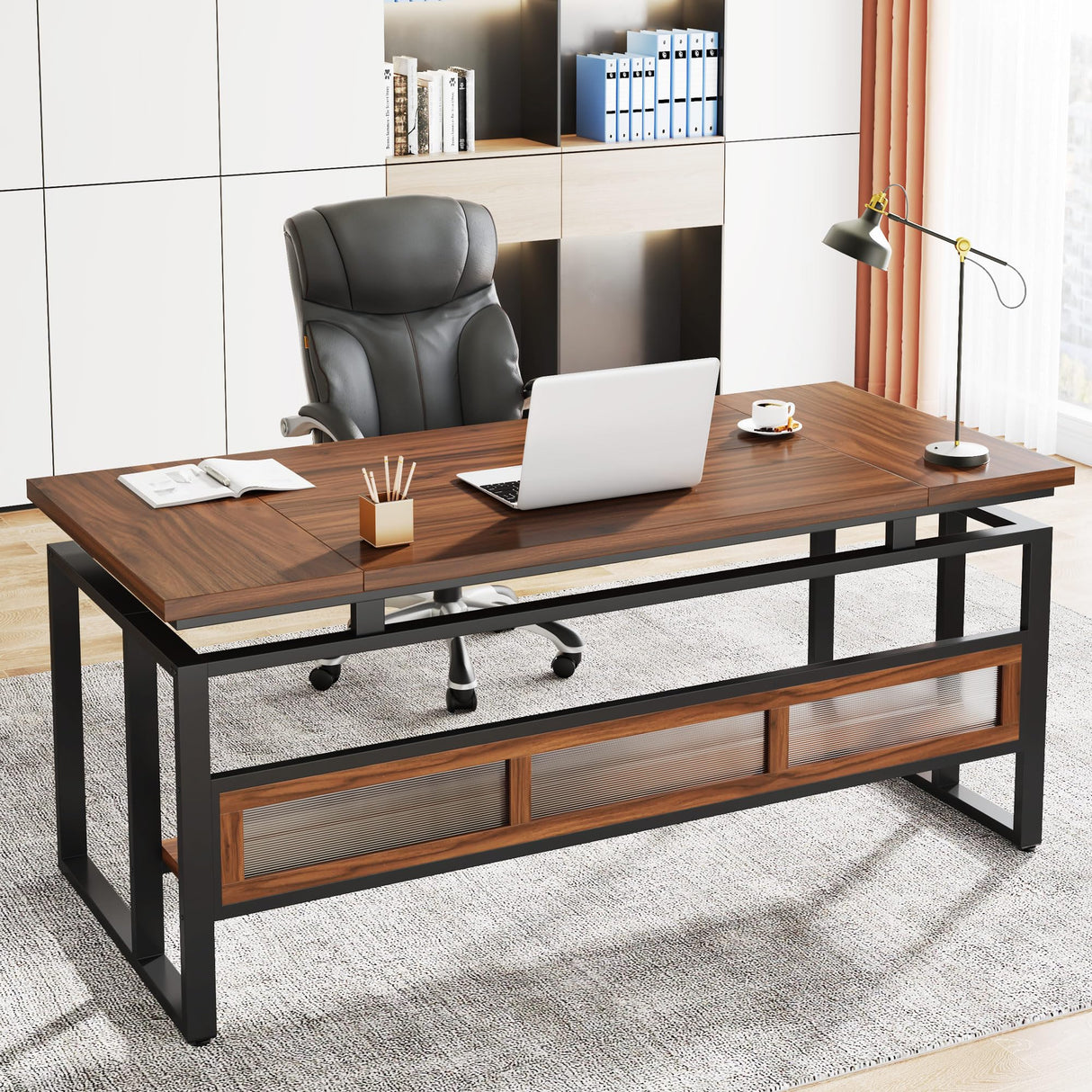 Tribesigns 63" Executive Desk with Bottom Hidden Shelf, Large Computer Desk Office Desk with Thickened Board and Frame, Workstation Writing Table for Home Office, Rustic Brown & Black Tribesigns