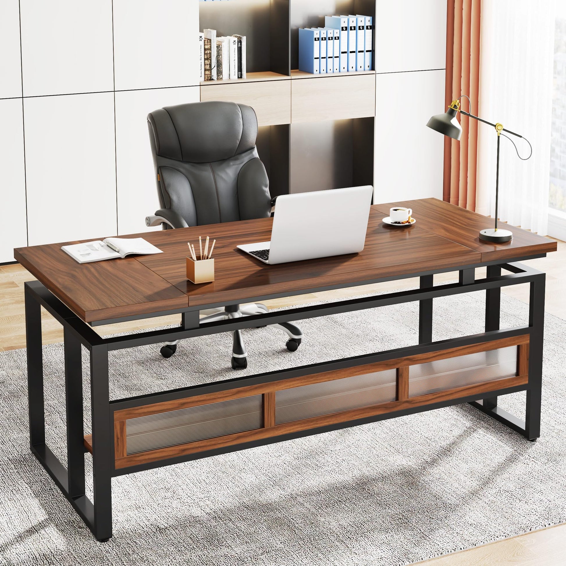 Tribesigns 63" Executive Desk with Bottom Hidden Shelf, Large Computer Desk Office Desk with Thickened Board and Frame, Workstation Writing Table for Home Office, Rustic Brown & Black - WoodArtSupply