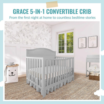 Dream On Me JPMA & Greenguard Gold Certified Grace 5 in 1 Convertible Crib Made with Sustainable New Zealand Pinewood in Pebble Grey, Non-Toxic Finish