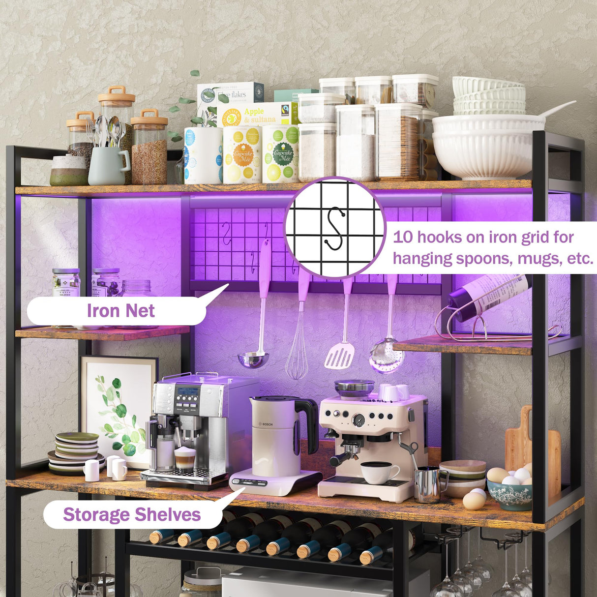 GarveeHome 55" Bakers Rack with Power Outlet and LED Light, 5-Tier Kitchen Microwave Stand Coffee Bar with Storage, 10 Hooks, Wire Basket, Metal Grid, Wine Rack, Goblet Holder, Rustic Brown GarveeHome