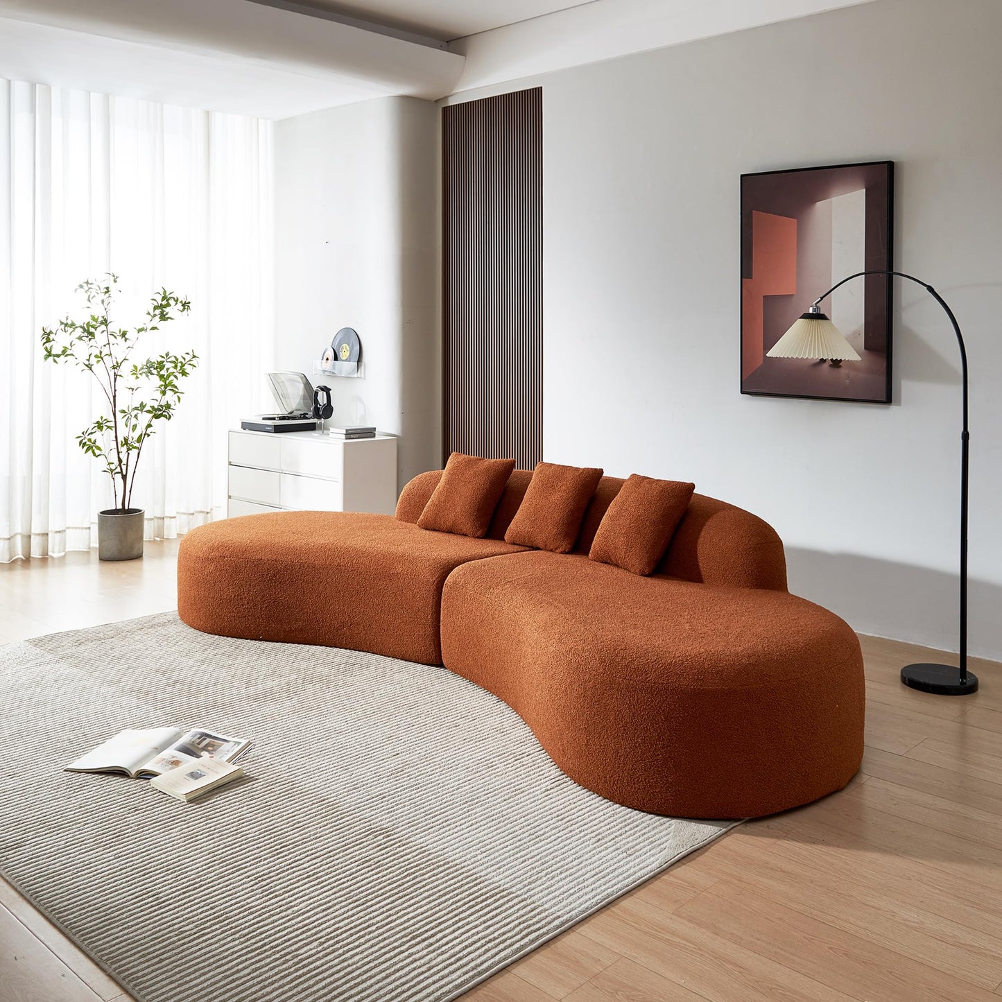 BAMOOLI 119'' Curved Sofa Couch, Mid Century Modern Half Moon Living Room Sofa, Luxury 4-Seat Sofa Couch with High-Density Foam Filled, Sherpa Lamb Fabric Sectional Sofa for Apartment, Office, Orange