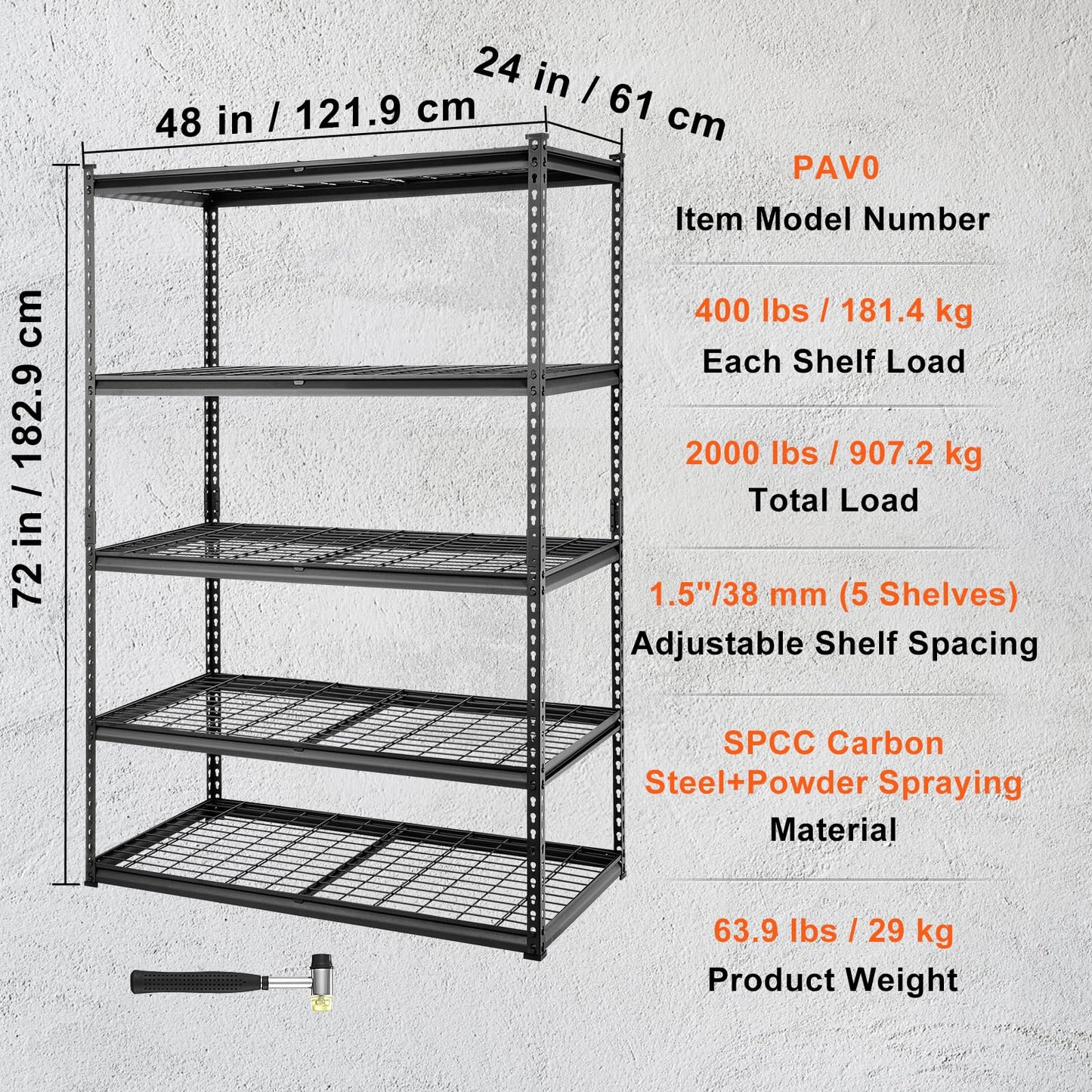 VEVOR Storage Shelving Unit, 5-Tier Adjustable Storage Shelves, 48" L x 24" W x 72" H Heavy Duty Garage Storage Shelves, Metal Shelves for Kitchen Pantry Basement Bathroom Laundry