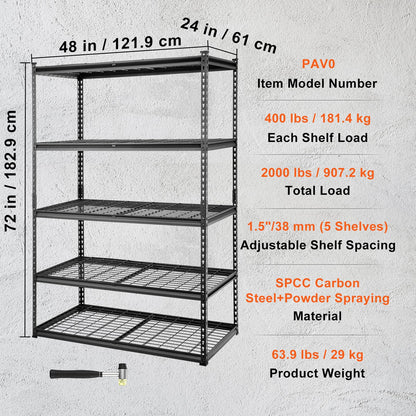 VEVOR Storage Shelving Unit, 5-Tier Adjustable Storage Shelves, 48" L x 24" W x 72" H Heavy Duty Garage Storage Shelves, Metal Shelves for Kitchen Pantry Basement Bathroom Laundry