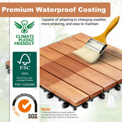 PrimeZone 54 PCS FSC Certified Acacia Wood Interlocking Deck Tiles - 12" x 12" Waterproof Indoor Outdoor Patio Flooring Decking Tiles for Balcony, Backyard & Poolside, All Weather Use, Natura - WoodArtSupply