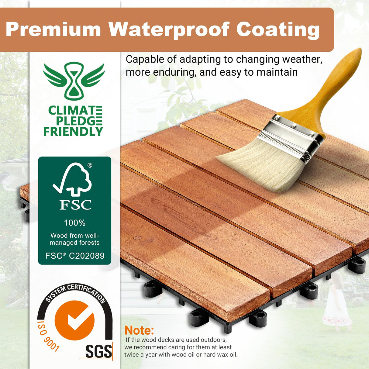 PrimeZone 108 PCS FSC Certified Acacia Wood Interlocking Deck Tiles - 12" x 12" Waterproof Indoor Outdoor Patio Flooring Decking Tiles for Balcony, Backyard & Poolside, All Weather Use, Natural Wood PrimeZone