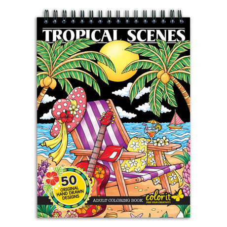 ColorIt Colorful Tropical Scenes Adult Coloring Book - 50 Single-Sided Designs, Thick Smooth Paper, Lay Flat Hardback Covers, Spiral Bound, USA Printed, Tropical Pages to Color - Teen Coloring Book ColorIt