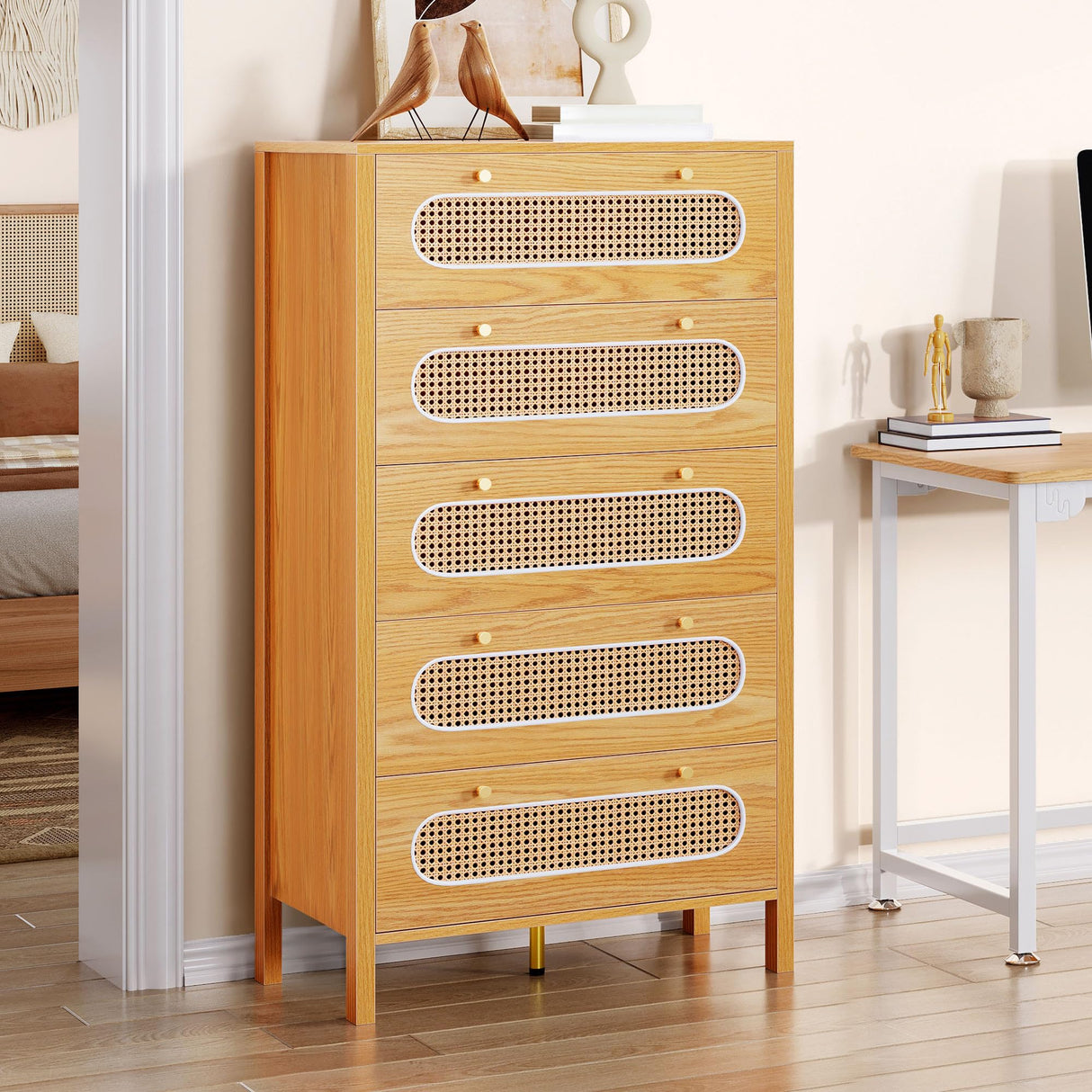 DWVO 47" Tall Natural Rattan 5 Drawer Dresser, Boho Dresser Chest of Drawers with Golden Handles, Wood Dresser Storage Cabinet for Hallway, Entryway, Hold up to 300lbs, Oak DWVO