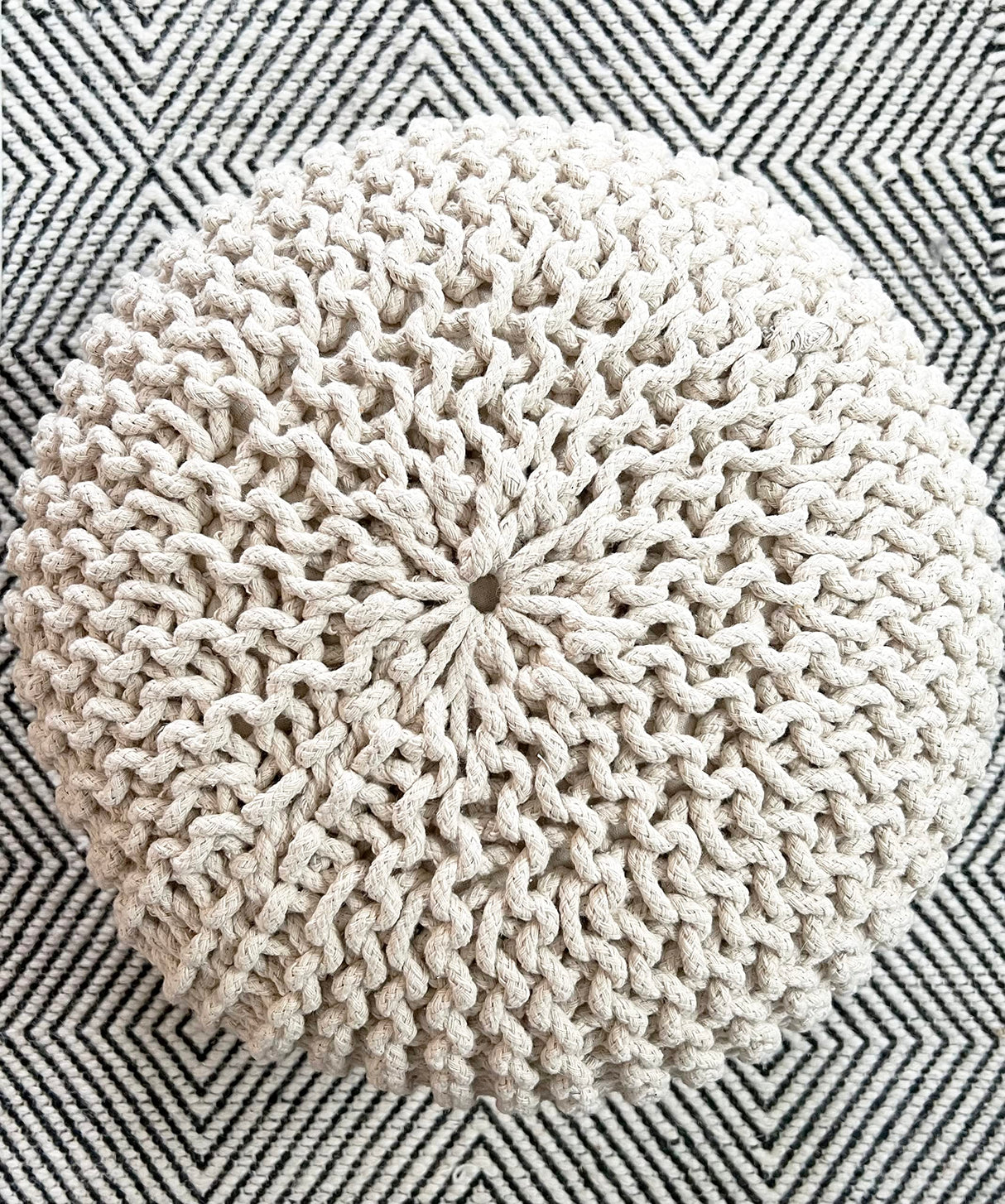 FRELISH DECOR Round Pouf Ottoman Hand Knitted 100% Cotton Pouf Foot Stool - Knitted Bean Bag - Floor Chair for Living Room Bedroom - Foot Rest for Couch (20 Diameter x 14 Height) - Natural FRELISH DECOR