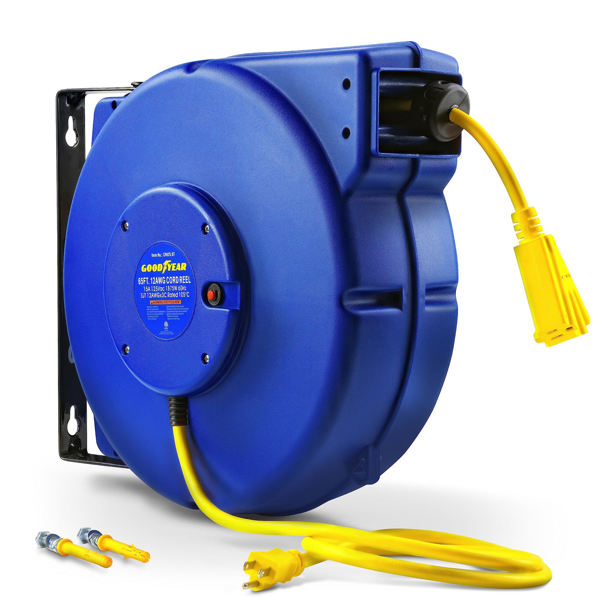 Goodyear Extension Cord Reel Retractable 12AWG x 65' Foot 3C/SJT Heavy Duty Commercial Cable Triple Tap Connector Power 15A 125VAC 1875W Goodyear