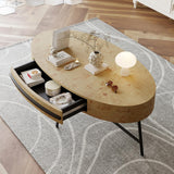 Oval Coffee Table with Drawer, Farmhouse Wooden Center Table 47.2" with Storage, Cross Metal Legs, Unique Curved Design, Center Tables for Living Room, Walnut Finish, Modern Rustic Accent Tea Table IDEALHOUSE