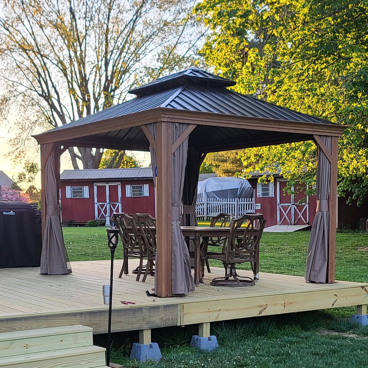 Domi Outdoor Living 10’x12’ Hardtop Gazebo, Wooden Coated Aluminum Frame Canopy with Galvanized Steel Double Roof, Outdoor Permanent Metal Pavilion with Curtains and Netting for Patio, Deck and Lawn