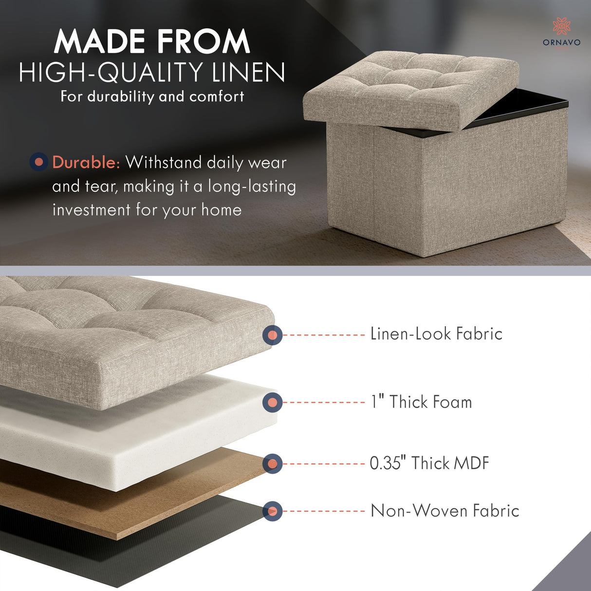 Ornavo Home Small Storage Ottoman Foldable Collapsible Rectangle Linen Ottoman Foot Rest Stool Seat, for Living Room, Bedroom, Home Office, Dorm - 12 x 16 x 12, Beige Ornavo Home