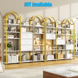 Nosepen 83.5" Tall Arched Bookshelf with 3 Drawers and 13 Storage Shelves, Industrial Open Book Shelf with Display Shelves, Large Etagere Bookshelf, Triple Wide Book Case for Home & Office, Gold Nosepen