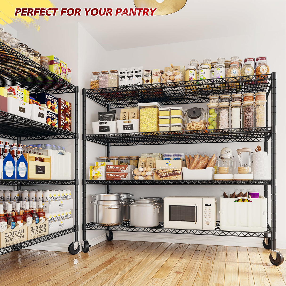 REIBII 55.5''W Storage Shelves 2500LBS Wire Shelving Unit with Wheels Heavy Duty Metal Shelves for Storage Adjustable Garage Storage Rack Pantry Shelf Kitchen Shelving, 75.6" H X 55.5''W X 24" D, 4PCS REIBII