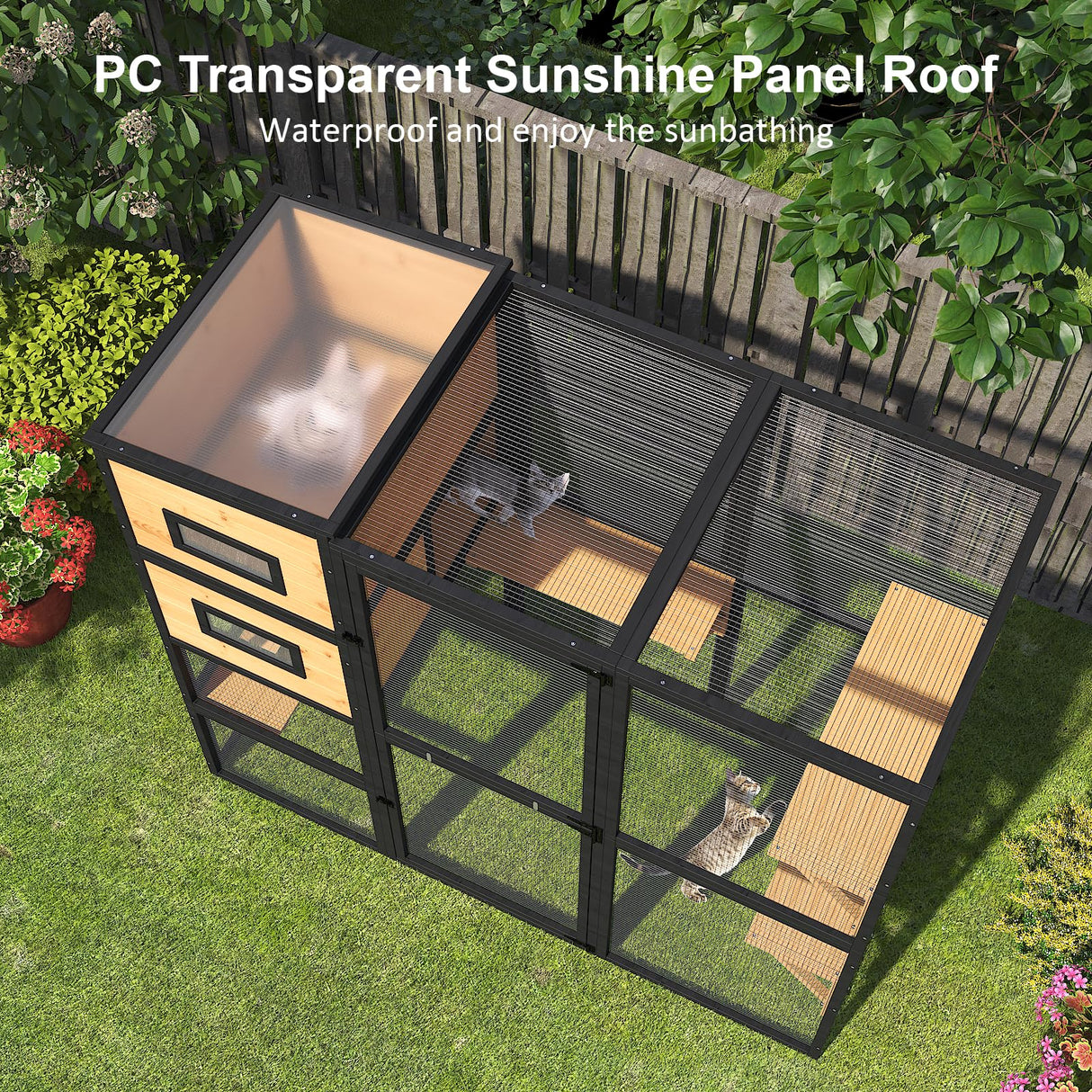 TIMHAKA Catio Outdoor Cat Enclosure, Large 4 Tiers Cat Catio Connect to Window for Outdoor Indoor Cats with Weatherproof Roof, Resting Rooms, Platforms, Large Door, 76" L x 32.9" W x 70.8" H, Black TIMHAKA