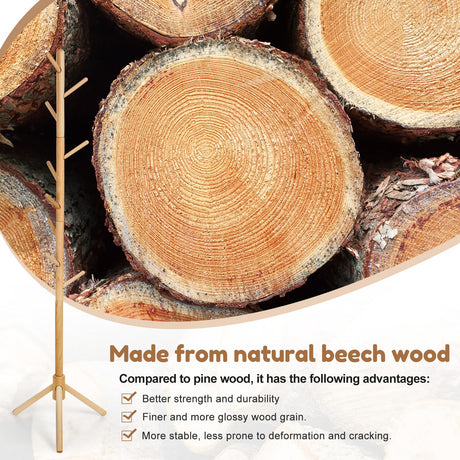 Cozivolife Kid's Coat Rack Stand Beech Wood Clothes Tree, Height Adjustable Freestanding Child Jacket Holder with 9 Hooks, Hanging Hats and Handbags, Hallway, Entryway,Bedroom, Easy Assembly (Natural) Cozivolife