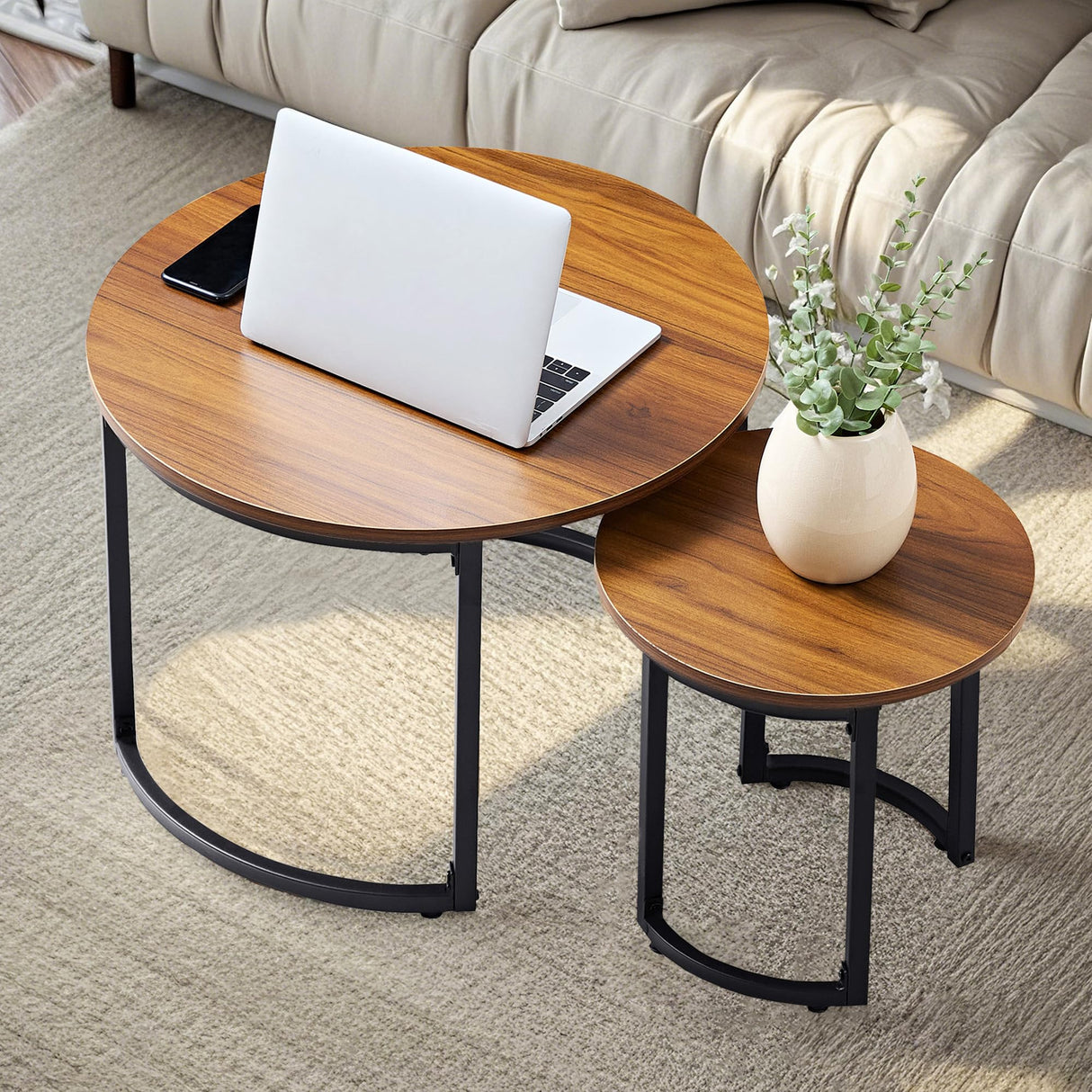 VECELO Nesting Coffee Table Set of 2, Wood Round Side Tables with Adjustable Non-Slip Feet, for Living Room, Brown VECELO