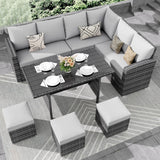 IDEALHOUSE 7 Pieces Outdoor Dining Set,Patio Sectional Sofa Conversation Set All Weather Wicker Rattan Couch Dining Table & Chair with Ottoman (Grey Rattan + Grey Cushions) IDEALHOUSE