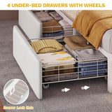 DWVO Queen Size Bed Frame with RGB LED Lights & Storage Bookcase Headboard, Upholstered Bed with Charging Station and 4 Drawers, No Box Spring Needed, Easy Assembly, Noise-Free, PU Leather White DWVO