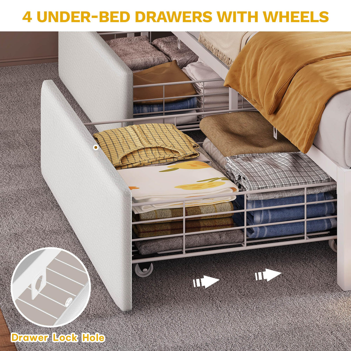 YITAHOME King Size Bed Frame with RGB LED Lights & Storage Bookcase Headboard, Upholstered Bed with Charging Station and 4 Drawers, No Box Spring Needed, Easy Assembly, Noise-Free, PU Leather White YITAHOME