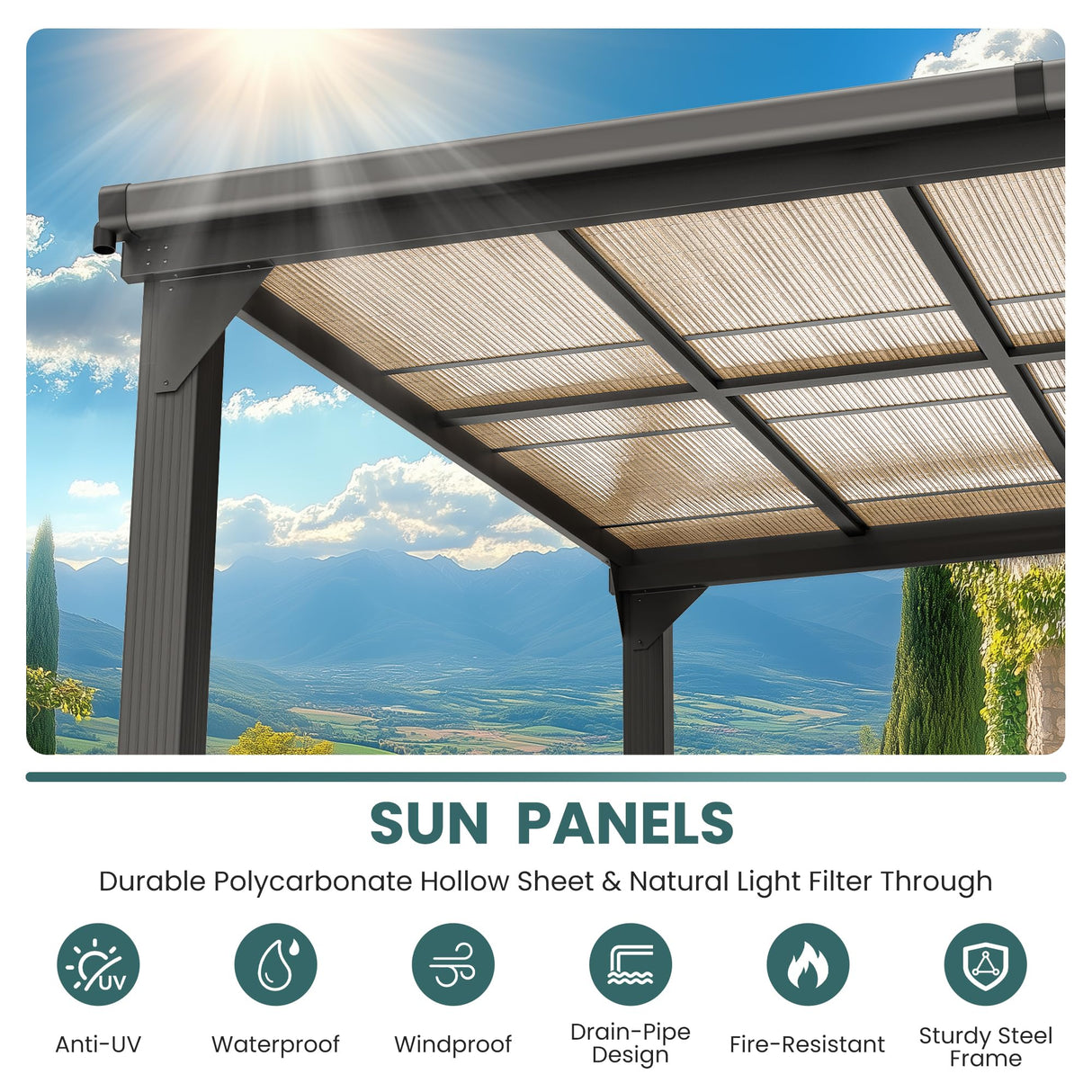 Pamapic 10 * 14FT Wall Mounted Gazebo,4*4 Inch Thickened Pillars & Enlarged Base,Outdoor Hardtop Lean to Pergola,UV Resistant Polycarbonate Roof,Aluminum Frame Pergola,Outdoor Patio Awnings for Lawn Pamapic