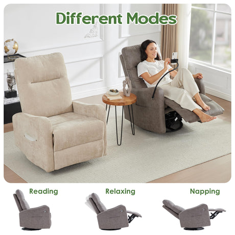 AYEASY Oversized Recliner Chair, Leather Swivel Rocking Chair Reclining with Phone Holder, Ergonomic Lazy Boy Fabric Sofa Chair with Lumbar Support, Manual Glider Chair for Living Room, RV, Grey AYEASY