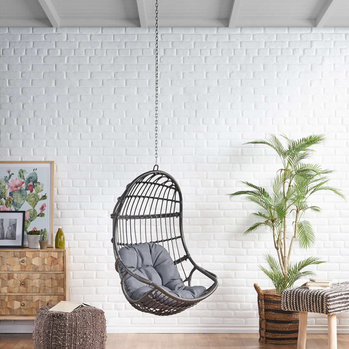 Hanging Chair with 8FT Chain, Egg Swing Chair Without Stand Outdoor Indoor, Wicker Rattan Hammock Egg Swing Chair with Hanging Chain, Ideal for Patio, Porch, Garden, Grey Ibraccieni
