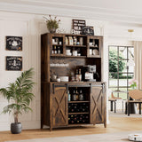 IDEALHOUSE 70'' Wine Coffee Bar Cabinet with Storage Hutch, Tall Kitchen Pantry Liquor Cabinet with Sliding Barn Doors, Bottle Glasses Rack, Farmhouse Buffet for Home Dining Room, Brown IDEALHOUSE