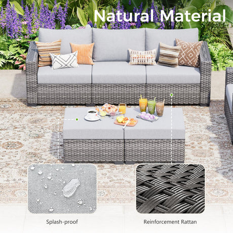 WACASA 7 Piece Patio Furniture Set with Fire Pit Table, Outdoor Patio Sectional Sofa Couch with Washable Cover, Natural Rattan Weave Conversation Set for Garden Outdoor WACASA
