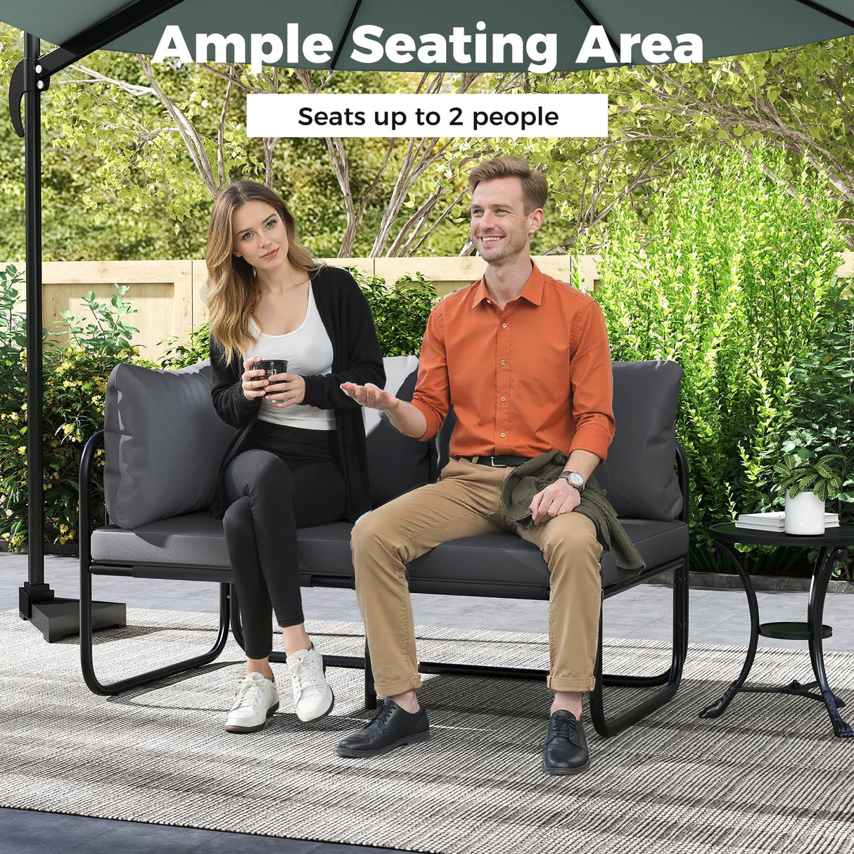 Tangkula Patio Loveseat, Sofa Couch with Removable Pillows & Seat Cushion, Side Armrest, Heavy Duty Metal Frame & Adjustable Foot Pads, Outdoor Double Chair Furniture for Garden (Grey + Black) Tangkula