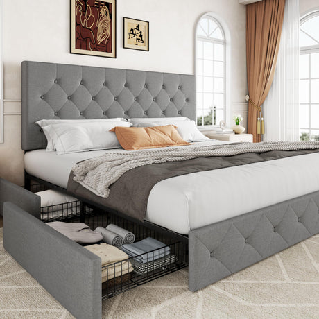Allewie Upholstered King Size Platform Bed Frame with 4 Storage Drawers and Headboard, Diamond Stitched Button Tufted, Mattress Foundation with Wooden Slats Support, No Box Spring Needed, Light Grey Allewie