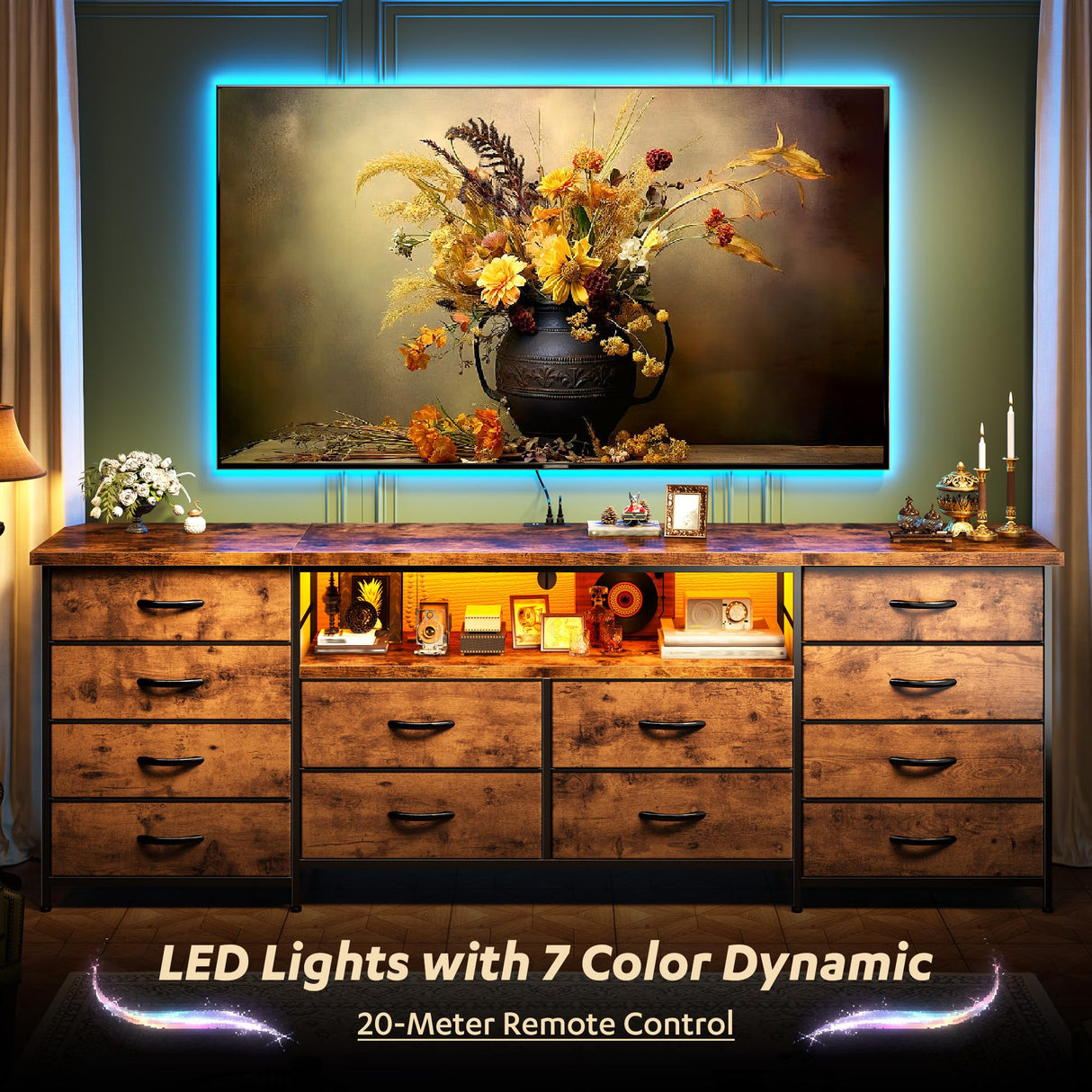 63" Long Dresser for Bedroom with 12 Fabric Drawers Entertainment Center with LED Lights & Power Outlets TV Stand for 70 Inch TV, Organizer for Bedroom, Rustic Brown Romorgniz