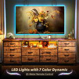 63" Long Dresser for Bedroom with 12 Fabric Drawers Entertainment Center with LED Lights & Power Outlets TV Stand for 70 Inch TV, Organizer for Bedroom, Rustic Brown Romorgniz