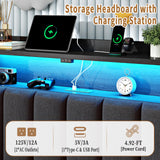 ChicZhiNest Queen Bed Frame with 2 Storage Drawers & Large Footboard Cabinet, LED Lights & USB Charging Station, Linen Upholstered Platform Bed with Headboard, No Box Spring Needed, Dark Grey ChicZhiNest