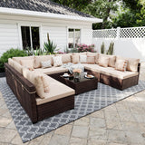 UPHA 9 Pieces Patio Furniture Sets Outdoor Sectional Sofa Wicker Conversation Couch for Decks, Backyards, Gardens, Brown Rattan, Beige Cushion UPHA