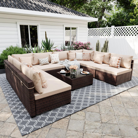 UPHA 9 Pieces Patio Furniture Sets Outdoor Sectional Sofa Wicker Conversation Couch for Decks, Backyards, Gardens, Brown Rattan, Beige Cushion UPHA