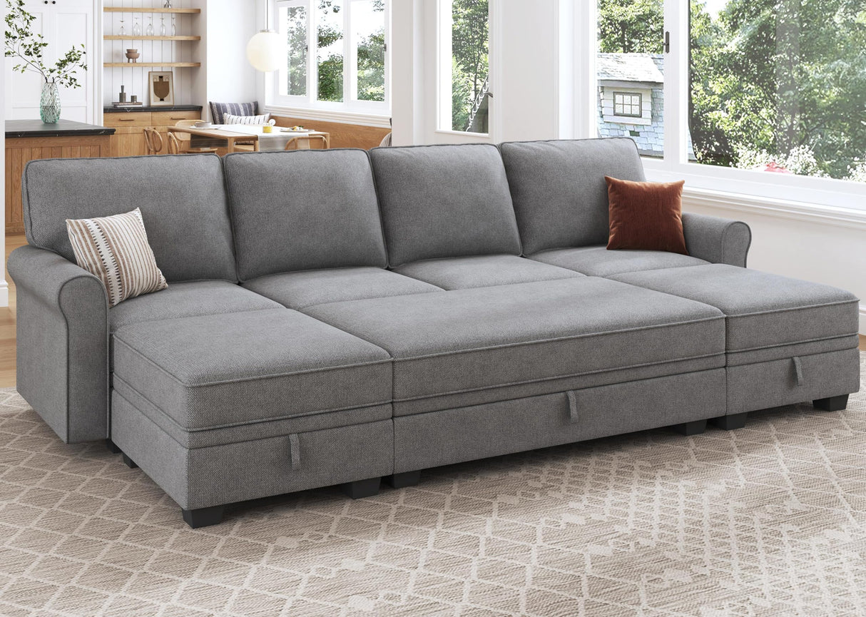 HONBAY Convertible Sectional Sofa Set with Storage Seat U Shaped Sectional Couch with Reversible Chaise Sleeper Sectional Couch Bed for Living Room, Light Grey HONBAY
