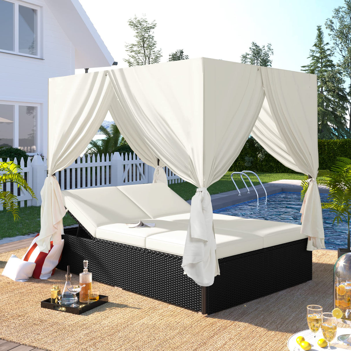 Patio Chaise Lounge, PE Rattan Outdoor Patio Wicker Sunbed Daybed with Adjustable Seats, Four-Sided Canopy, Overhead Curtain and Beige Cushions for Backyard, Garden, Poolside (for 2-6 People) Harper & Bright Designs