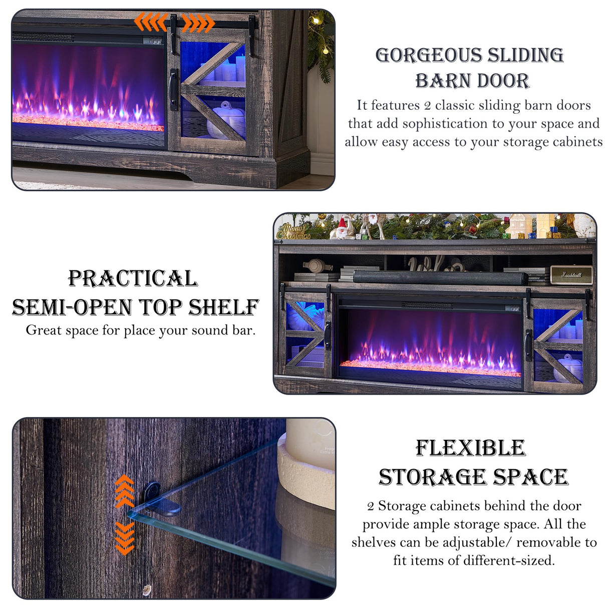 OKD Fireplace TV Stand for 85" TV, 33" Tall Highboy Farmhouse Entertainment Center w/ 42'' Electric Fireplace & LED Light, Rustic Media Console w/Sliding Barn Door for Living Room, Drak Rustic Oak OKD