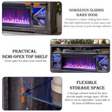 OKD Fireplace TV Stand for 85" TV, 33" Tall Highboy Farmhouse Entertainment Center w/ 42'' Electric Fireplace & LED Light, Rustic Media Console w/Sliding Barn Door for Living Room, Drak Rustic Oak OKD