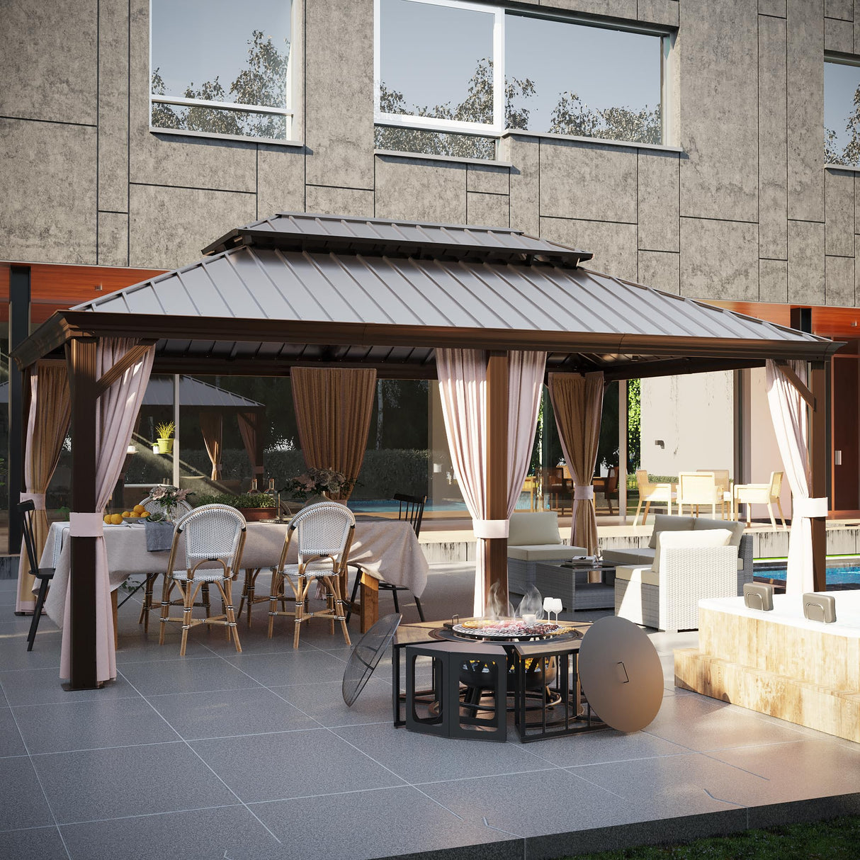 Joyside 12' X 18' Double-Tier Hardtop Gazebo, Aluminum Metal Gazebo with Iron Material Roof, Curtain and Netting, Permanent Gazebo Pavilion for Patio, Backyard, Deck, Lawn Joyside