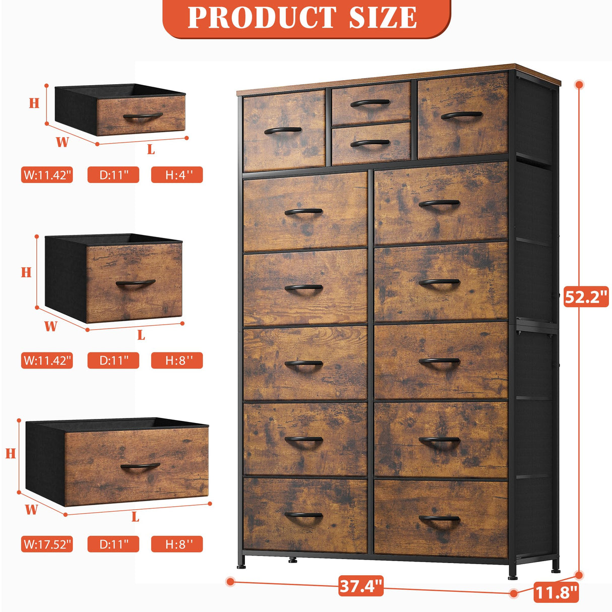 EnHomee 14 Drawer Dresser, Tall Dressers for Bedroom, Large Bedroom Dressers & Chests of Drawers, Sturdy Metal Frame & Wood Top, Easy Assembly, Closet, Living Room, Rustic Brown EnHomee