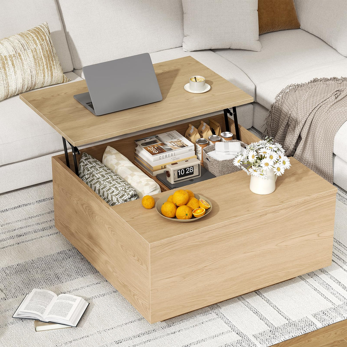 FABATO Lift Top Coffee Table, Wood Square Coffee Table with Storage, Farmhouse Coffee Tables with Hidden Storage Compartment, Center Table with Lifting Tabletop for Living Room, Home Office, Natural FABATO