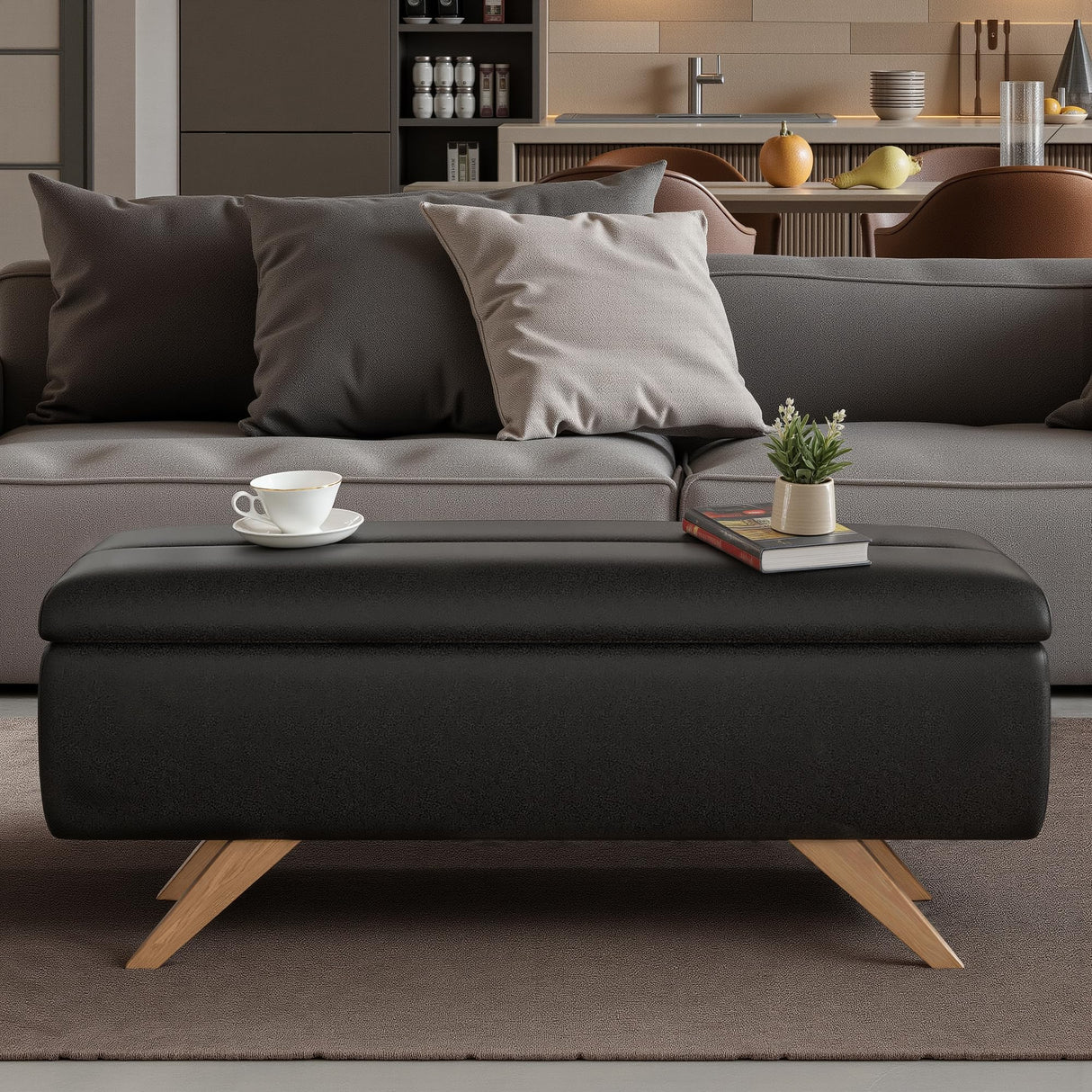 VECELO 44.1" Ottoman with Storage, Storage Ottoman Bench with 2 Gas Spring Lid Supports, PU Leather Upholstery, Solid Wood Legs, Black Shoe Bench for Bedroom, Living Room, Entryway VECELO