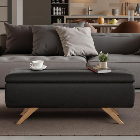 VECELO 44.1" Ottoman with Storage, Storage Ottoman Bench with 2 Gas Spring Lid Supports, PU Leather Upholstery, Solid Wood Legs, Black Shoe Bench for Bedroom, Living Room, Entryway VECELO