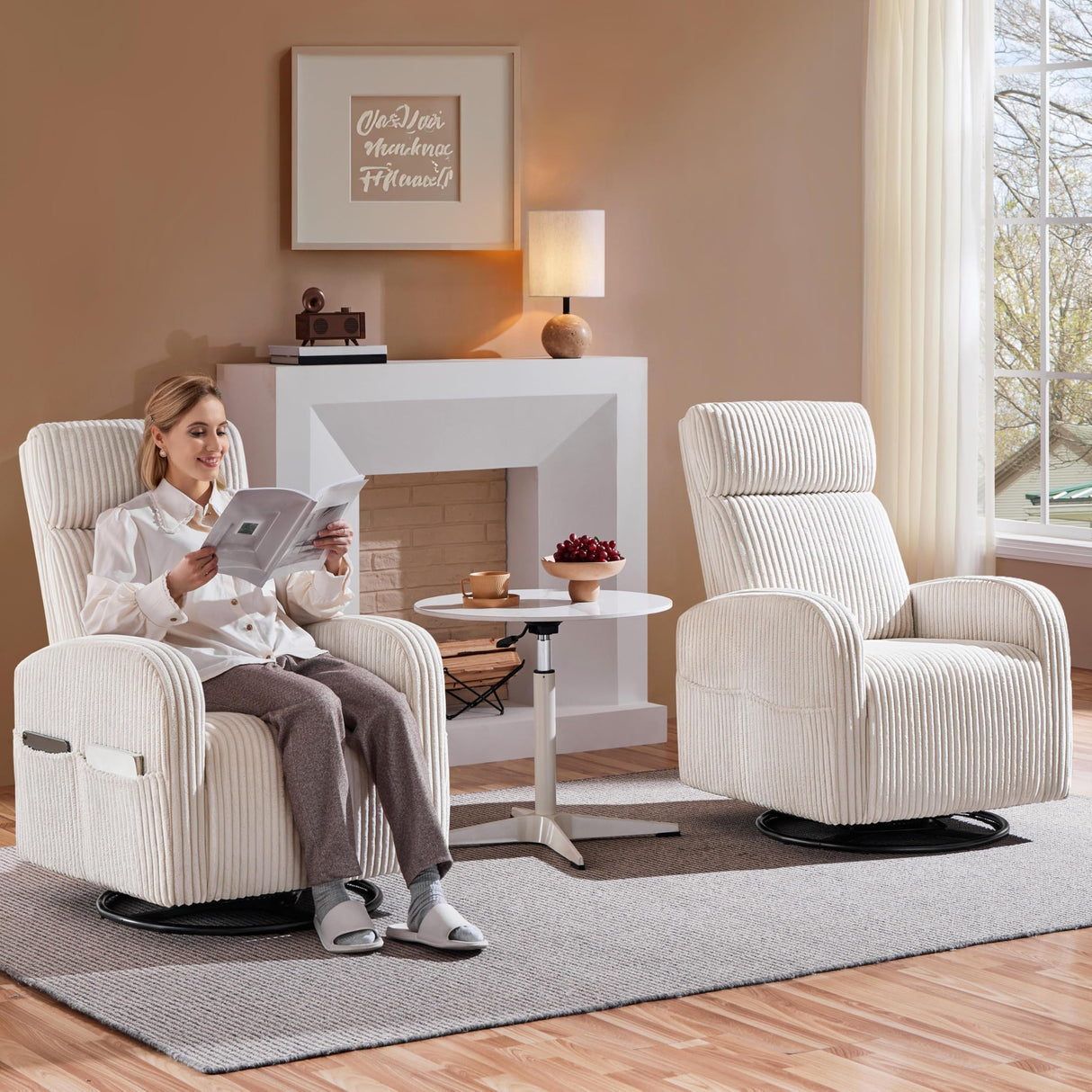 Yaheetech 360° Swivel Glider Chair for Nursery, Rocking Chair Nursing Chair with Side Pockets, Corduroy Glider for Living Room with High Back Beige Set of 2 Yaheetech