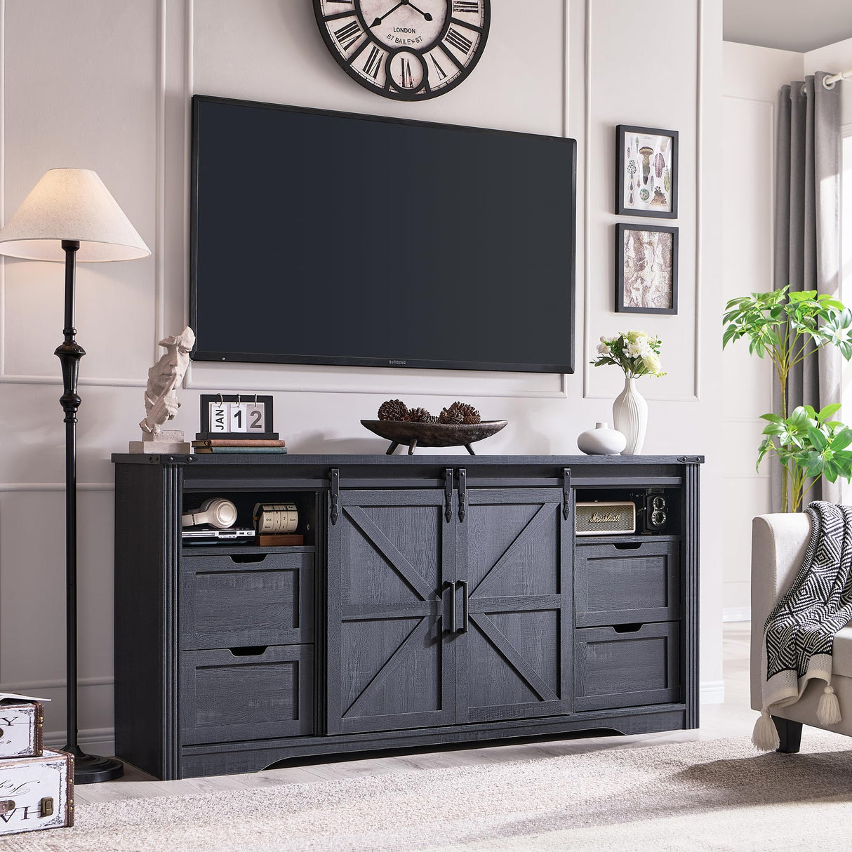 JXQTLINGMU Farmhouse TV Stand for 75+ Inch TV, 32" Tall Entertainment Center w/4 Drawers & Sliding Barn Door, Rustic Media Console w/Storage Shelves, 66" Wood Television Stand for Living Room, Black JXQTLINGMU